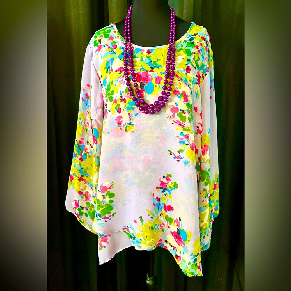 Sunny Leigh Lavender, Multi Floral Blousy Tunic, Size XL